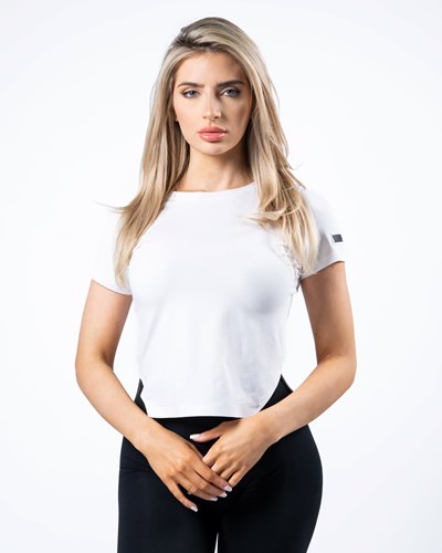 Alphalete Boatneck Cropped Premium Krátké Sleeve Bílé | 45182IYBS