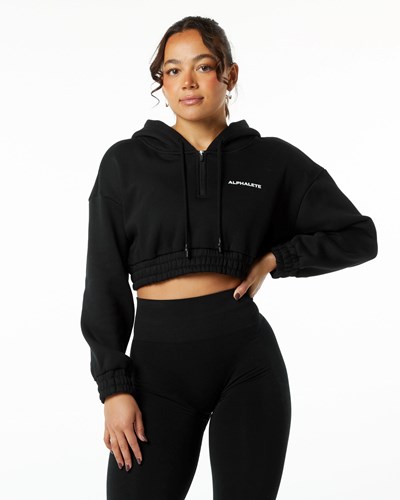 Alphalete Brushed Fleece Half-Zip Crop Hoodie Černé | 13267GVLQ