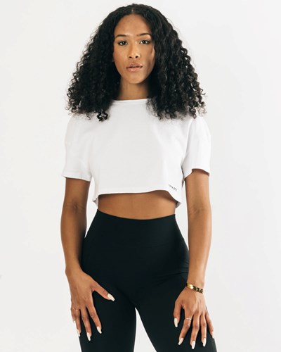 Alphalete Heavy Bavlněné Dropped Shoulder Crop Bílé | 94810IWJB