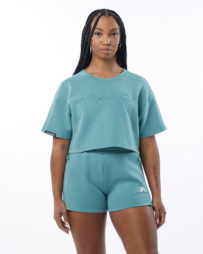 Alphalete Interlock Knit Crop Pullover Teal | 81029DBJE