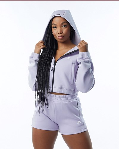 Alphalete Interlock Knit Crop-Zip Hoodie Lilac | 07594KFGJ