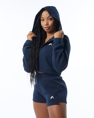 Alphalete Interlock Knit Crop-Zip Hoodie Tmavě Blankyt | 74625OEFT