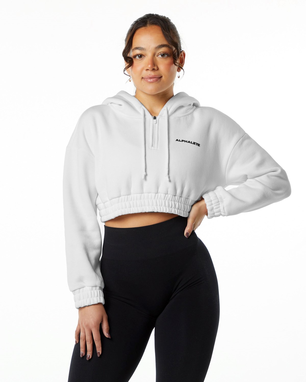 Alphalete Brushed Fleece Half-Zip Crop Hoodie Bílé | 32618YTPK