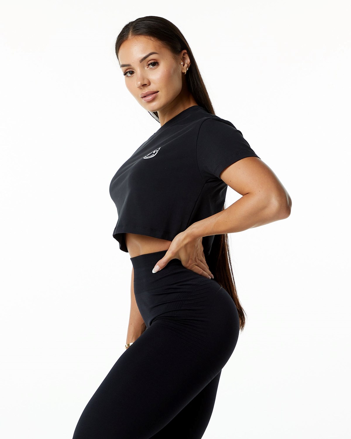 Alphalete Fitted Performance Krátké Sleeve Crop Černé | 08425POSK