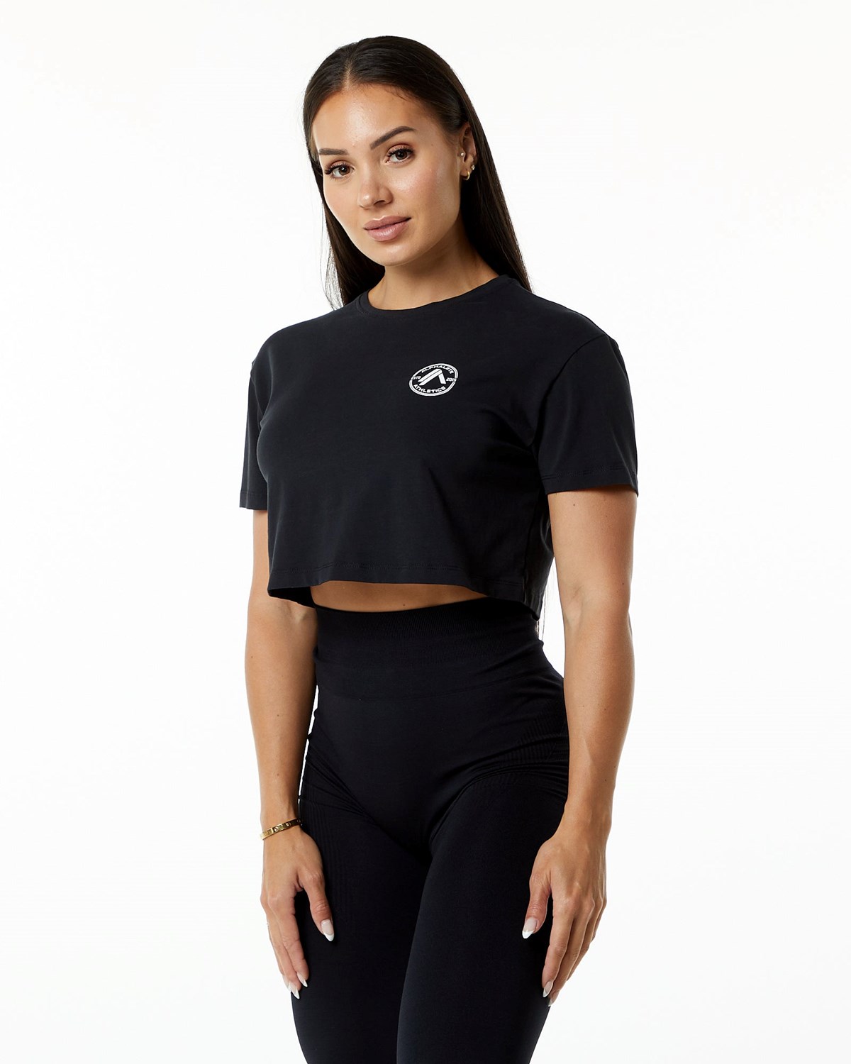 Alphalete Fitted Performance Krátké Sleeve Crop Černé | 08425POSK