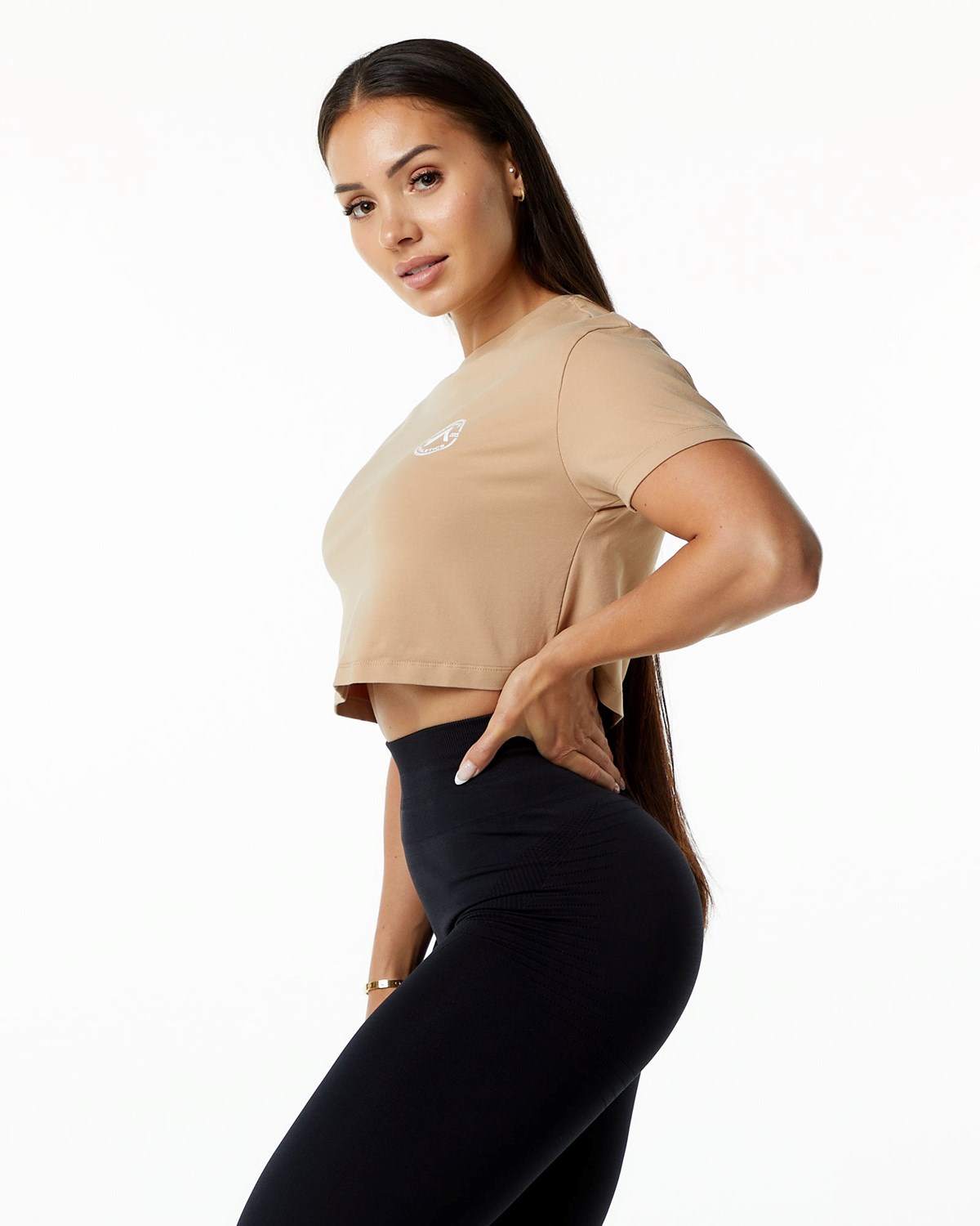 Alphalete Fitted Performance Krátké Sleeve Crop Taupe | 08436BSXR