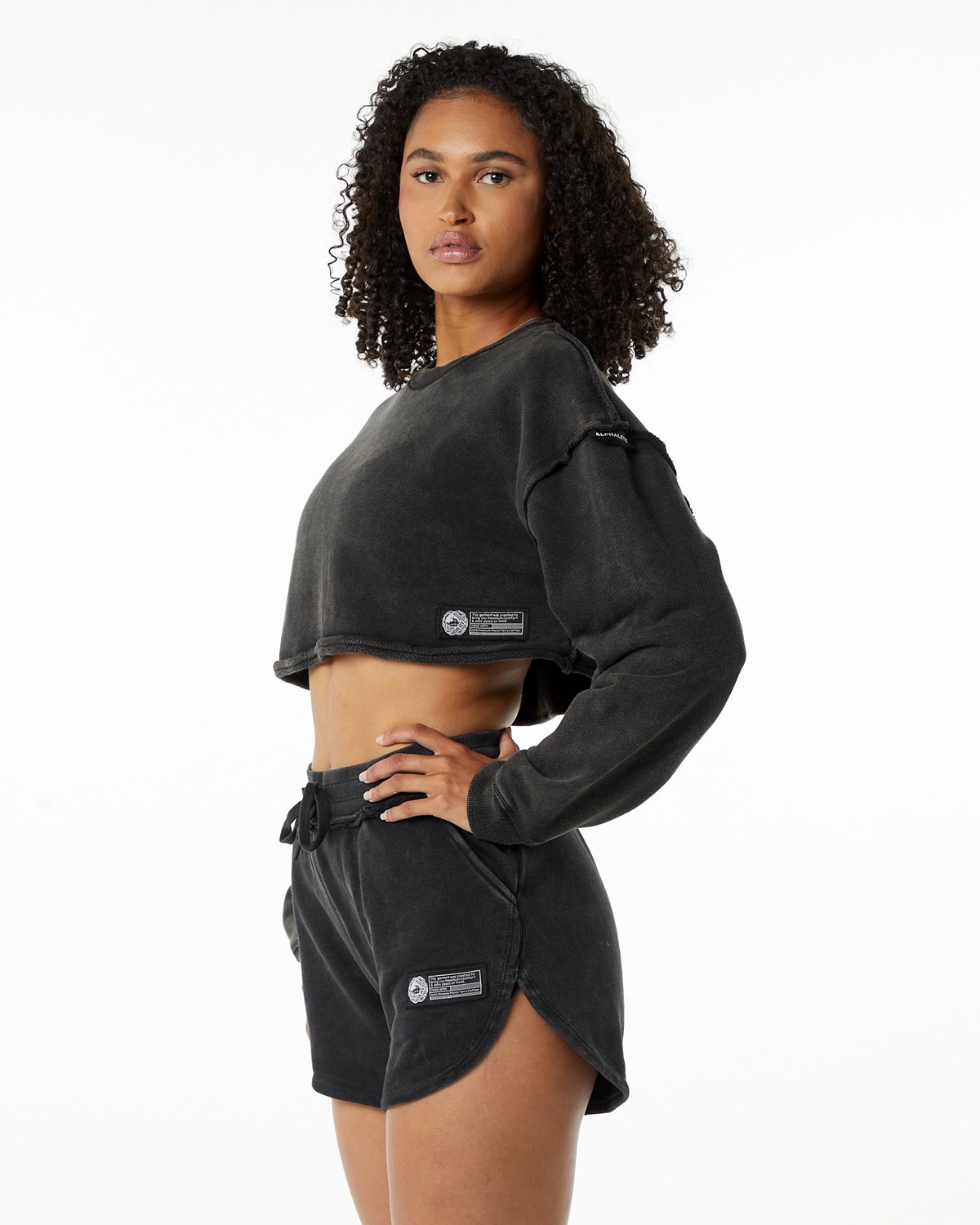 Alphalete Heavyweight Washed Terry Crop Pullover Onyx | 26489ZXDJ