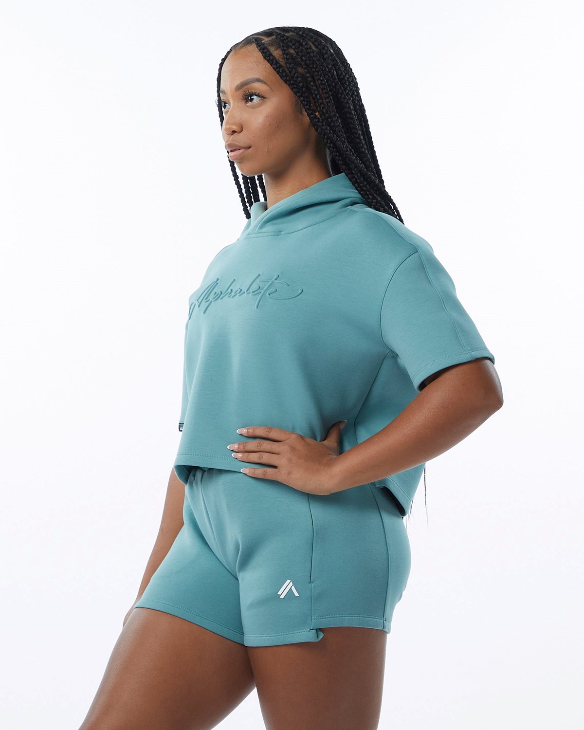 Alphalete Interlock Knit Crop Hoodie Teal | 90168BLYE