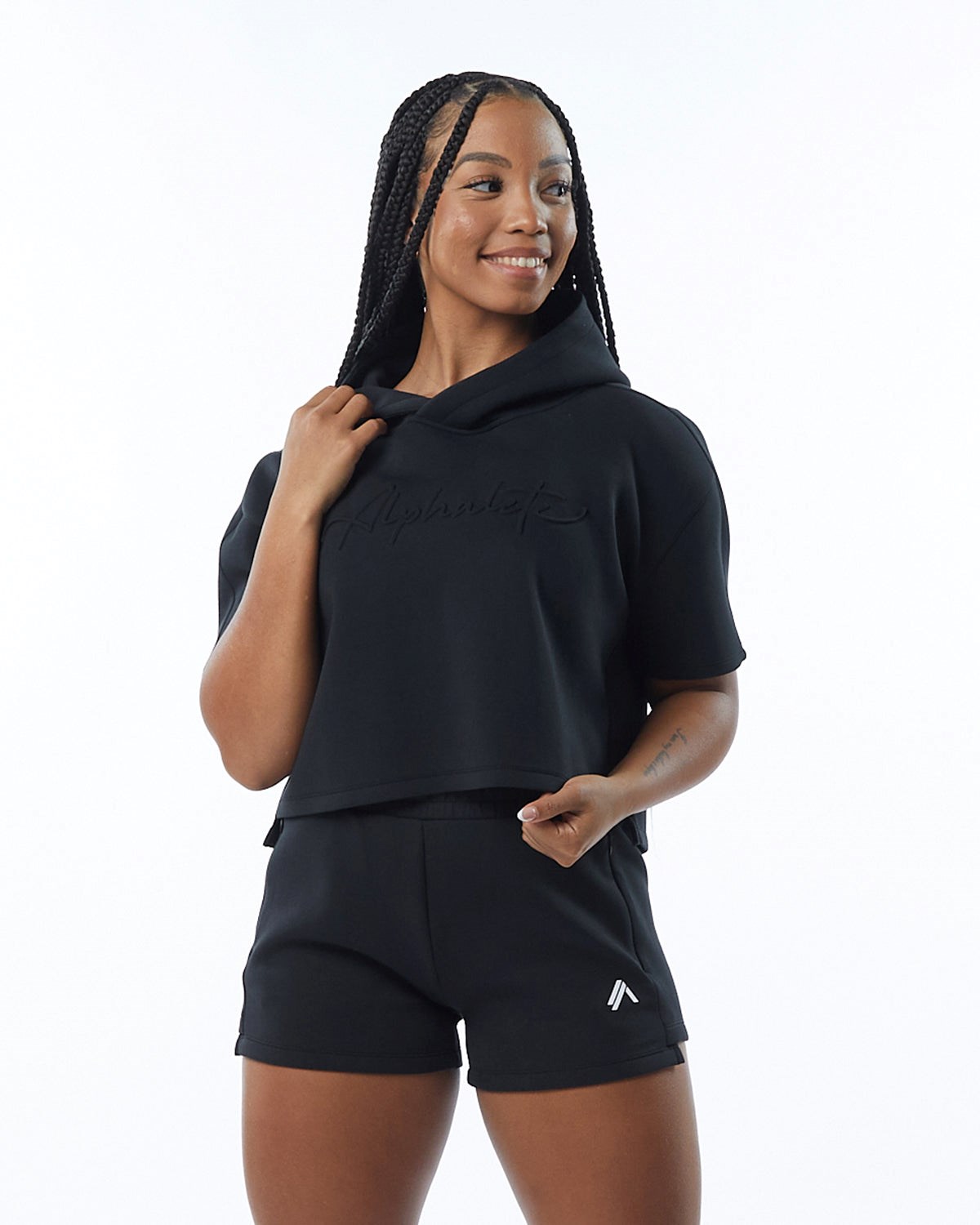 Alphalete Interlock Knit Crop Hoodie Černé | 20753SBIY