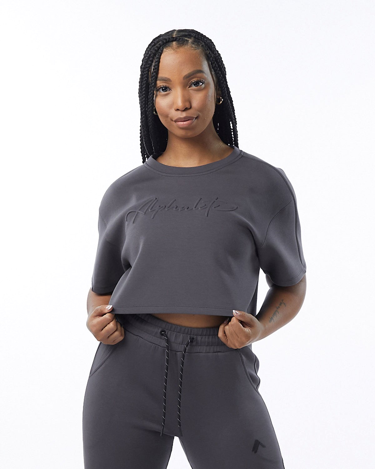 Alphalete Interlock Knit Crop Pullover Charcoal | 25860OCKR