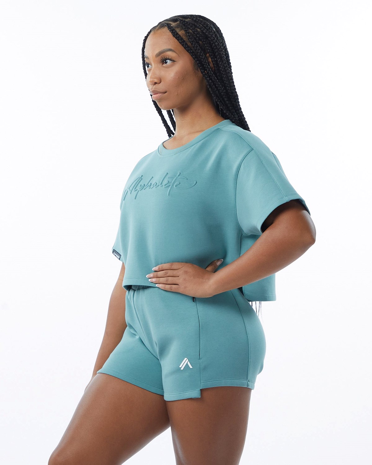 Alphalete Interlock Knit Crop Pullover Teal | 81029DBJE