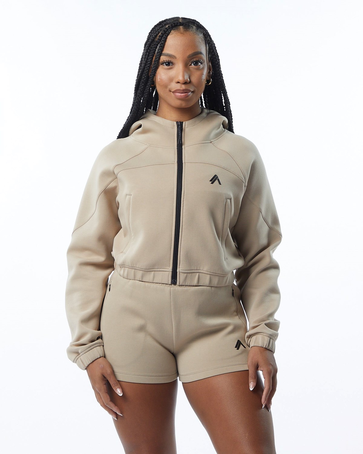 Alphalete Interlock Knit Crop-Zip Hoodie Tan | 07826CLTJ