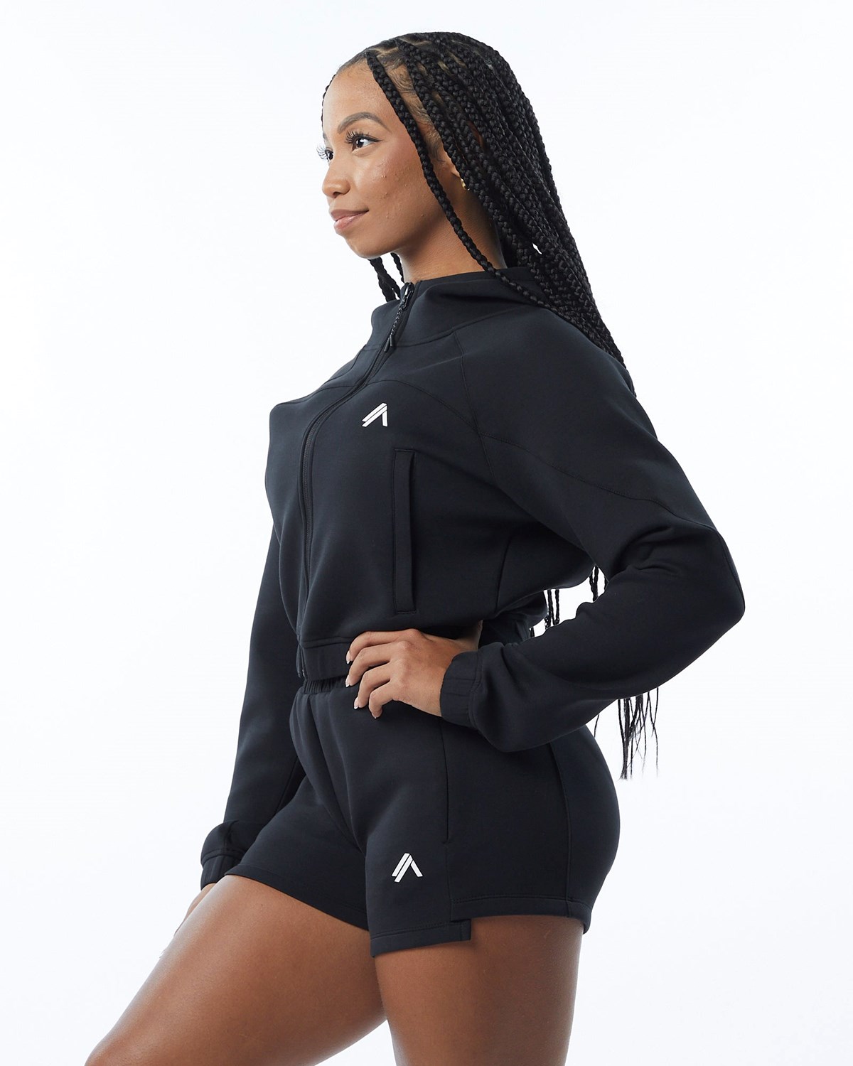 Alphalete Interlock Knit Crop-Zip Hoodie Černé | 38047KUJZ