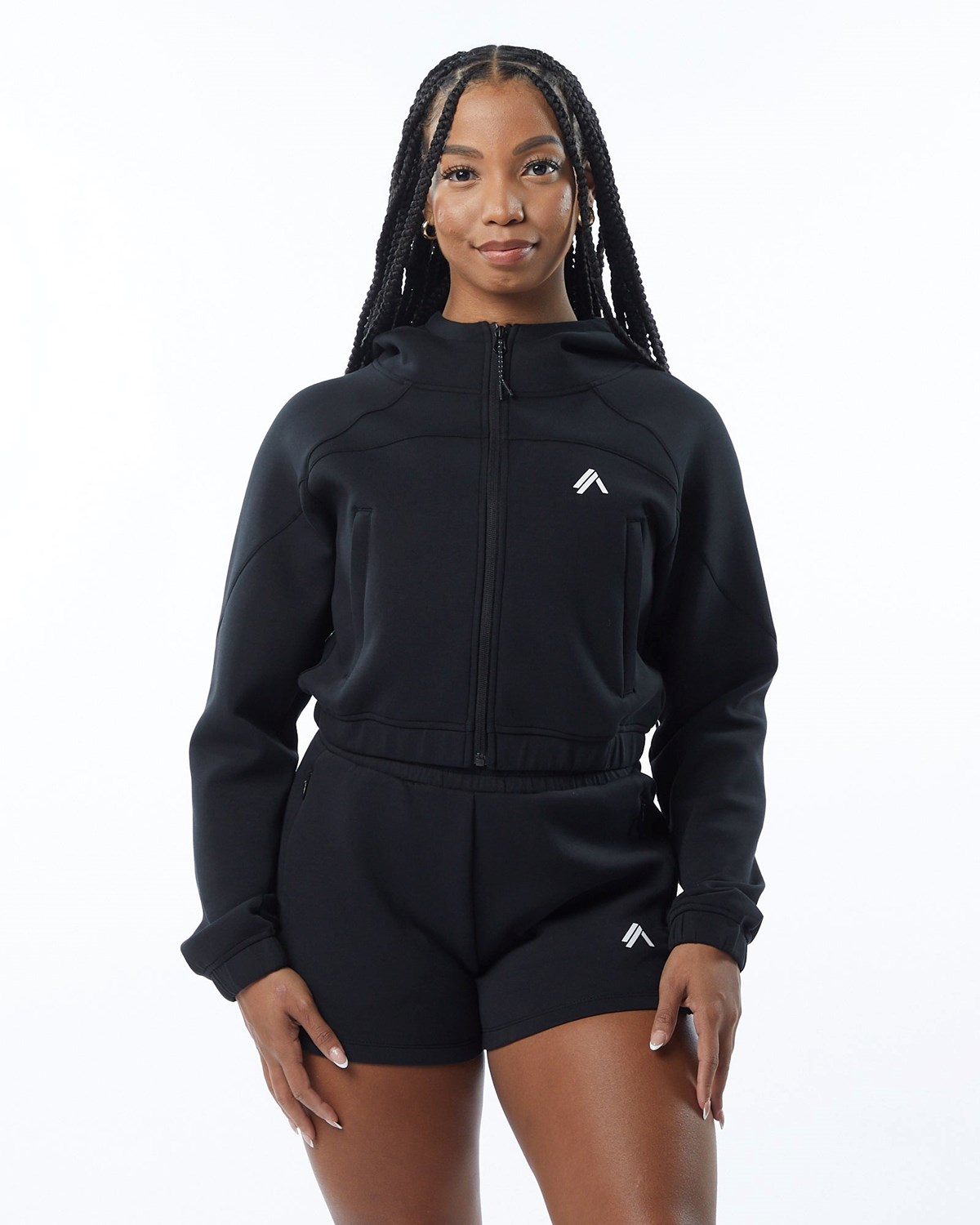 Alphalete Interlock Knit Crop-Zip Hoodie Černé | 38047KUJZ