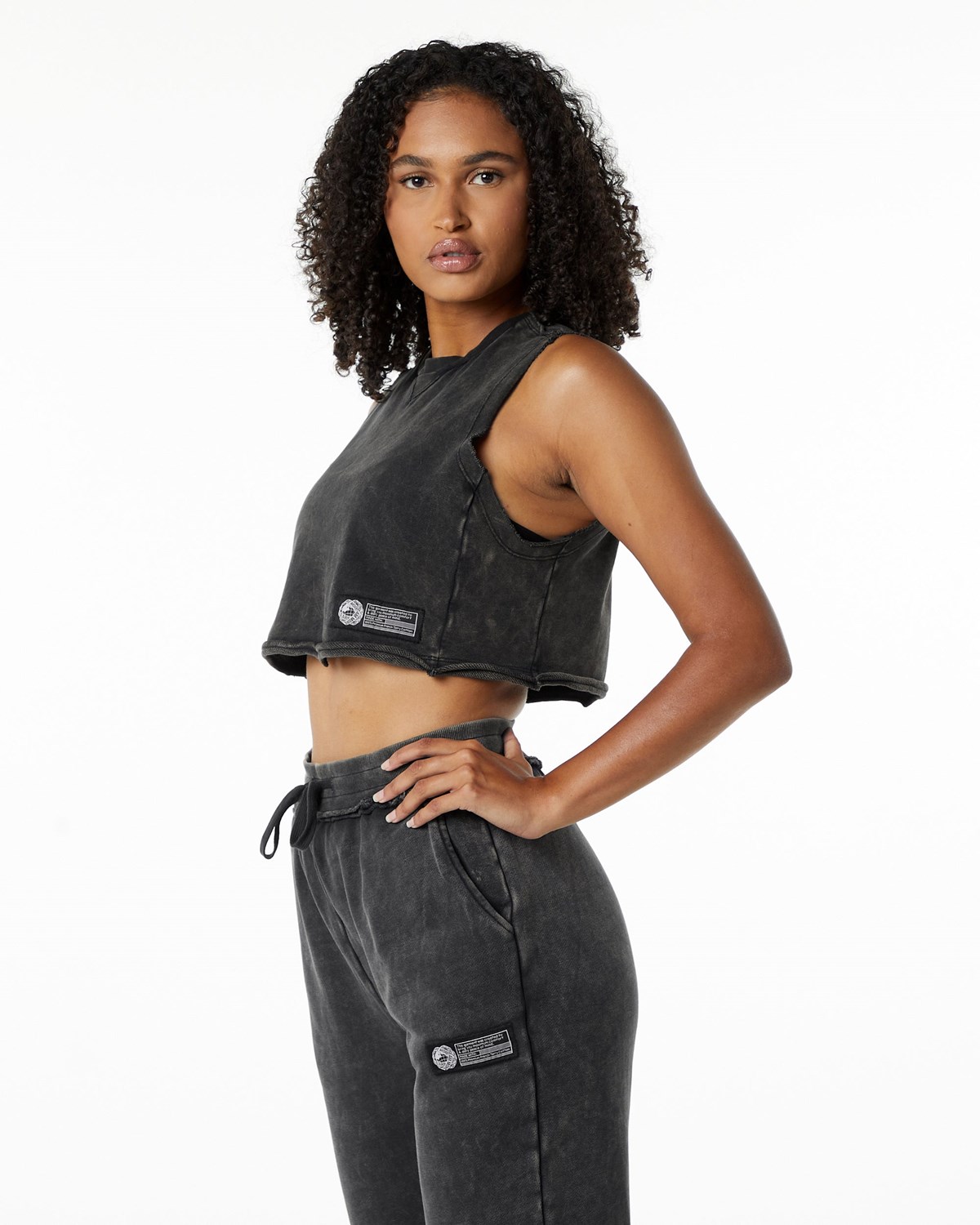 Alphalete Mid-Weight Washed Terry Crop Cutoff Onyx | 60254FQSJ