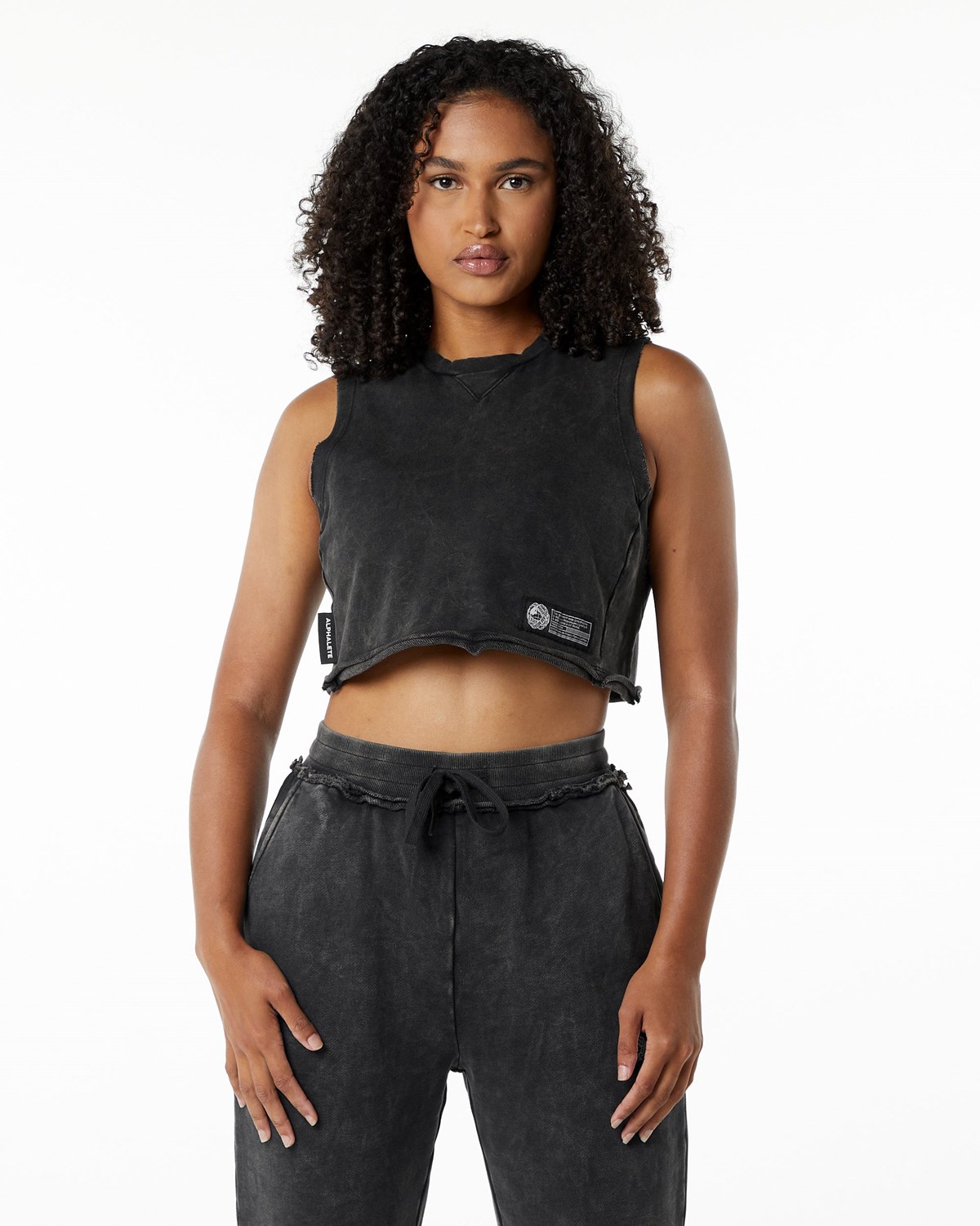 Alphalete Mid-Weight Washed Terry Crop Cutoff Onyx | 60254FQSJ