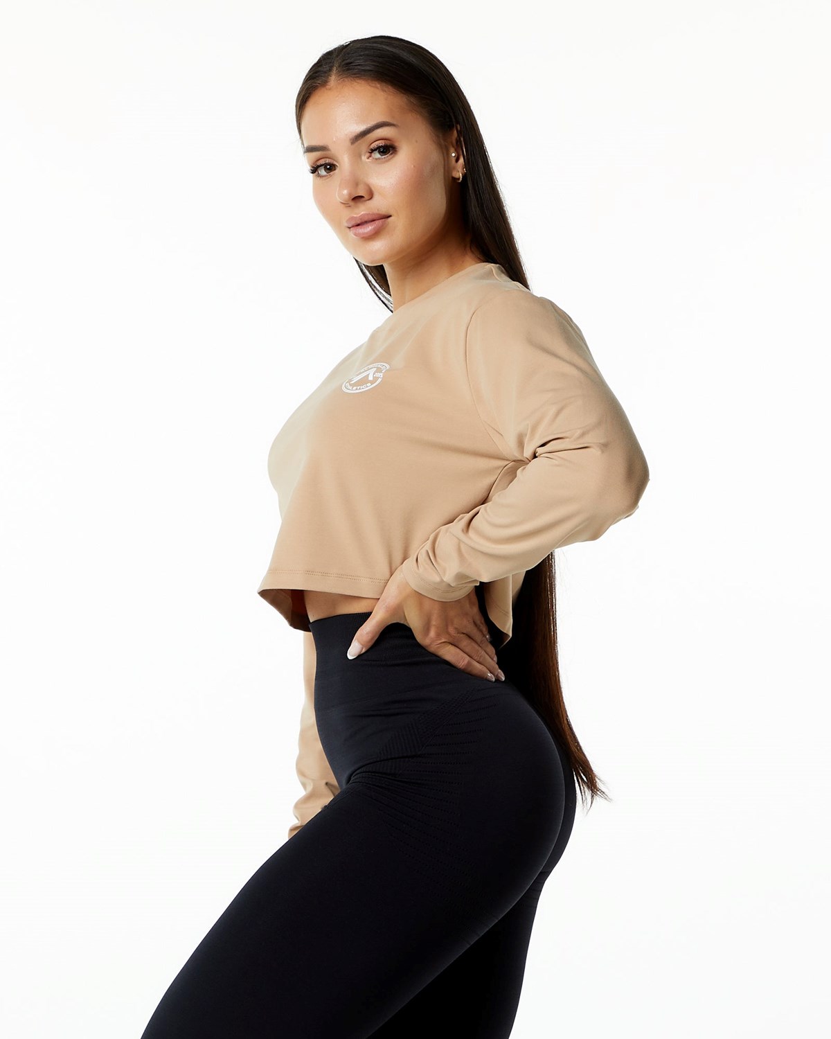 Alphalete Oversized Performance Long Sleeve Crop Taupe | 57431UTOJ